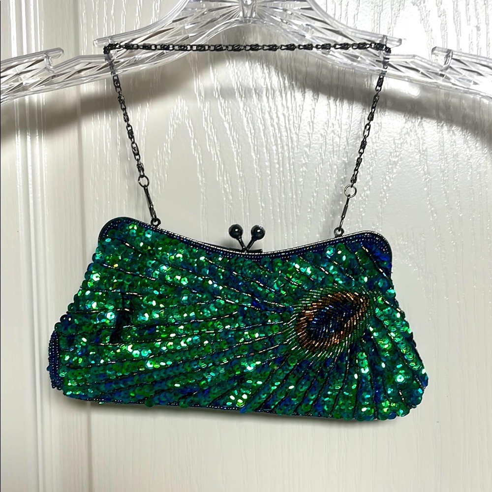 MyGift beaded & sequin peacock kiss lock bag with short & long strap